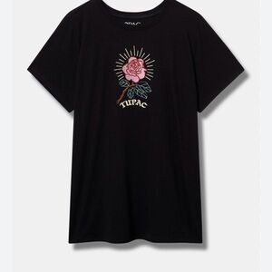 TUPAC Black Graphic T-Shirt with Rose Design